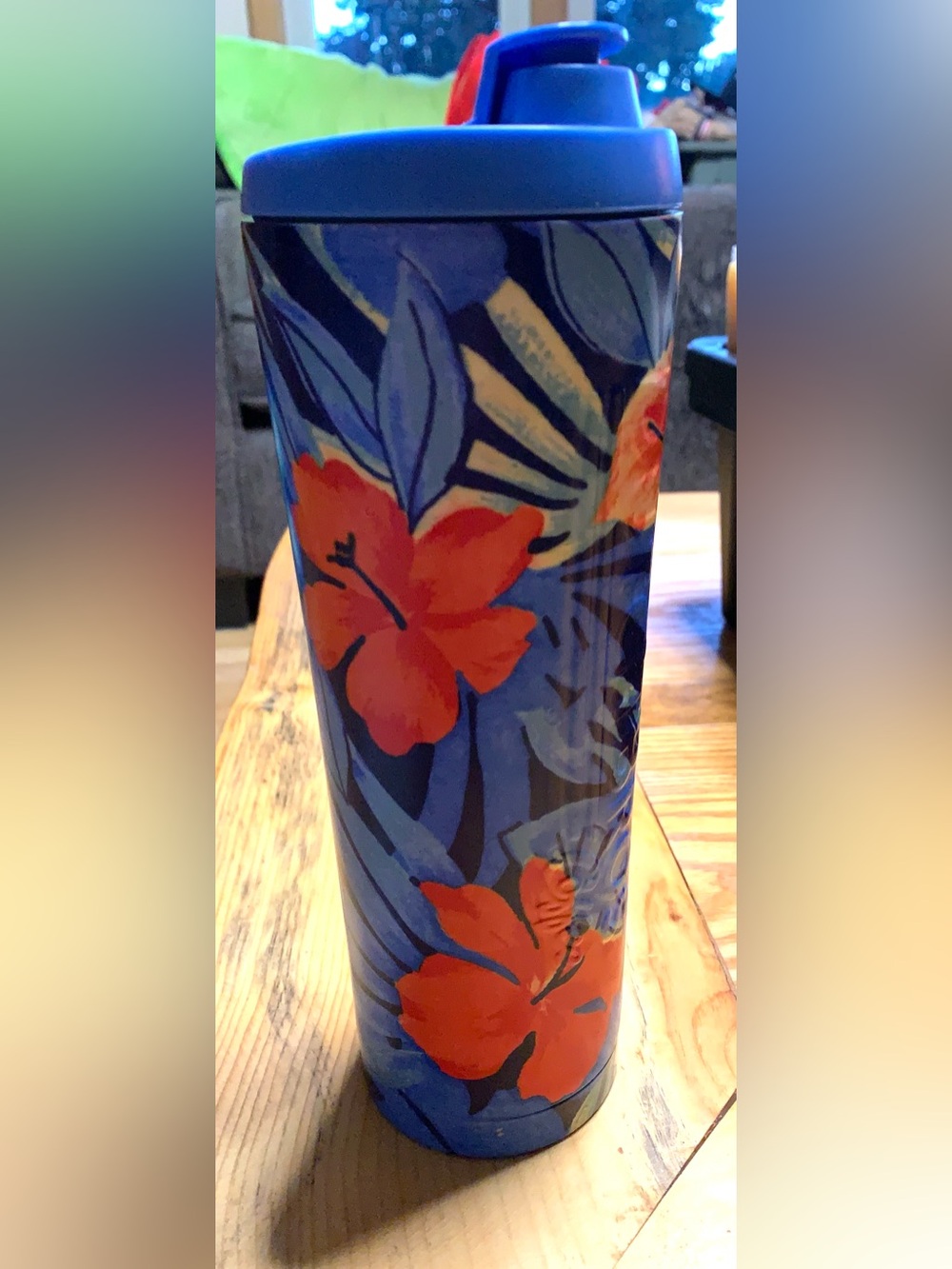 Dutch Bros Blue Floral Travel Tumbler with Orange Hibiscus